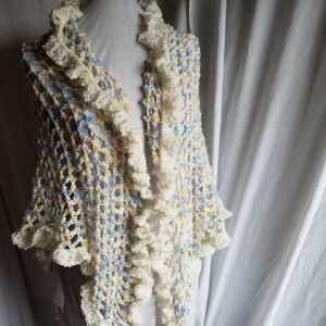 Crochet Ruffled Shawl in Cream with Pastel Multicolor Accents